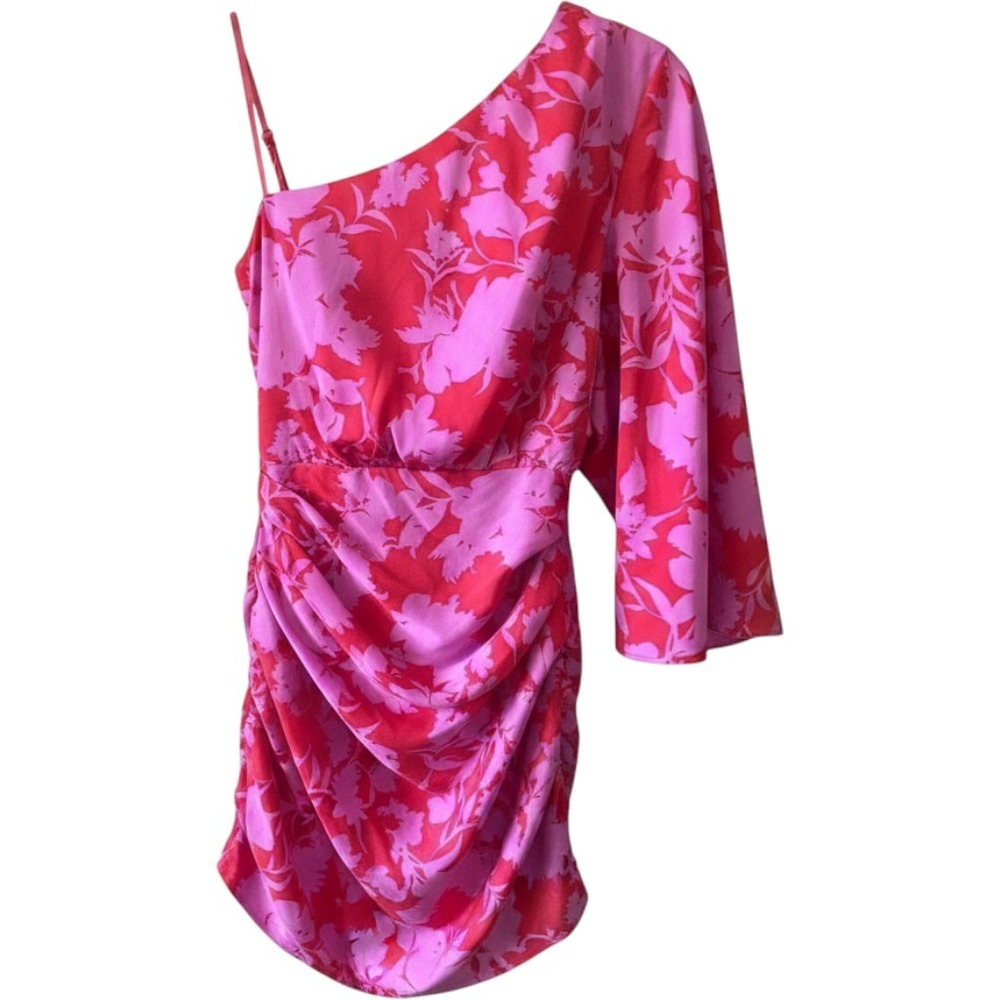 pink and red one shoulder midi formal dress